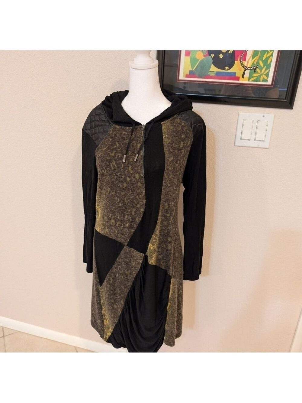 Vintage W Love Paris Collection Long Sleeve  Dress ,Hood,Mixed Fabric, Medium.